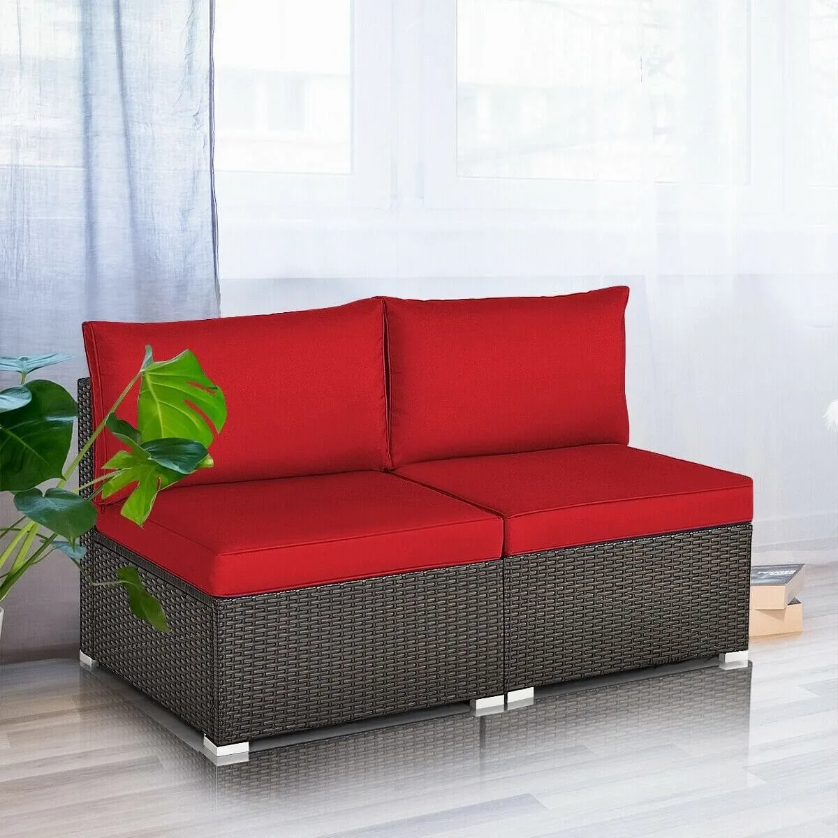 2pc Patio Rattan Armless Sofa Set - Red