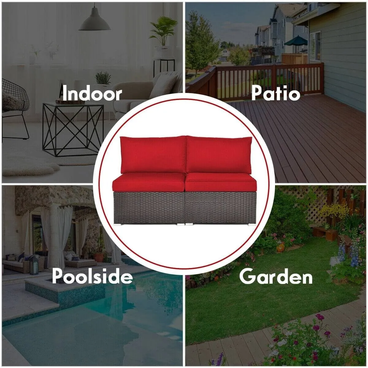 2pc Patio Rattan Armless Sofa Set - Red