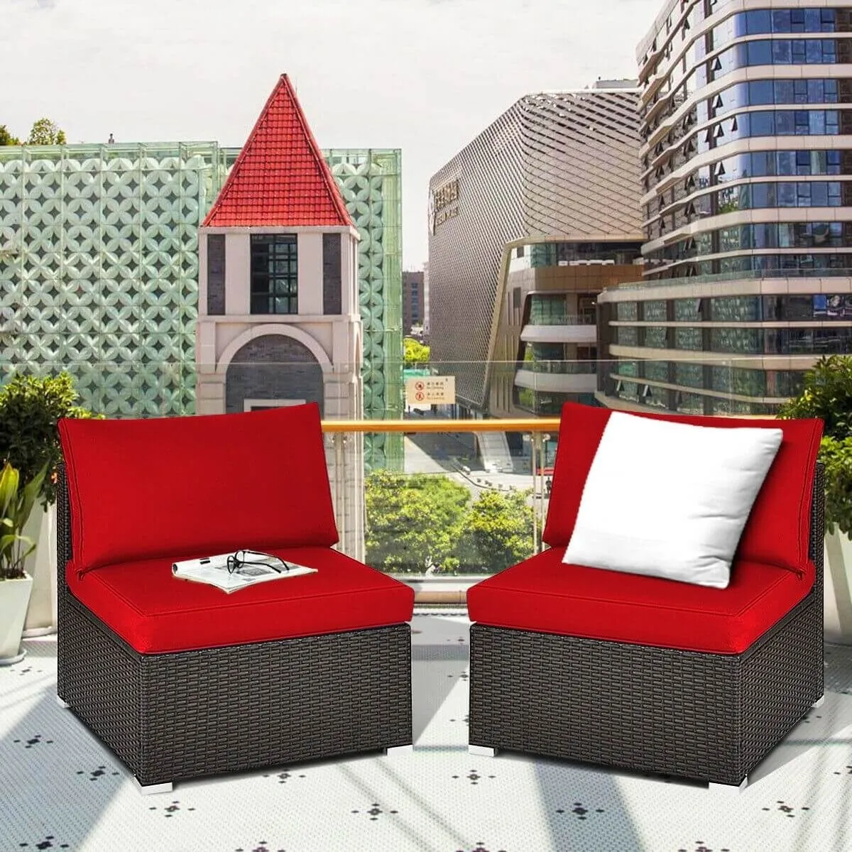 2pc Patio Rattan Armless Sofa Set - Red