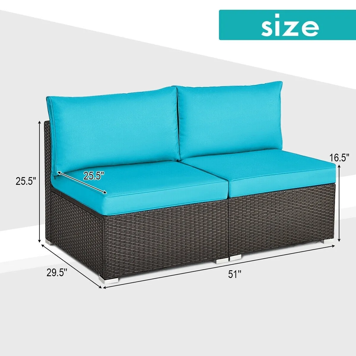 2pc Wicker Rattan Patio Armless Sofa with Cushion - Blue
