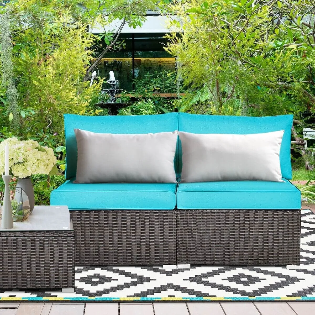2pc Wicker Rattan Patio Armless Sofa with Cushion - Blue
