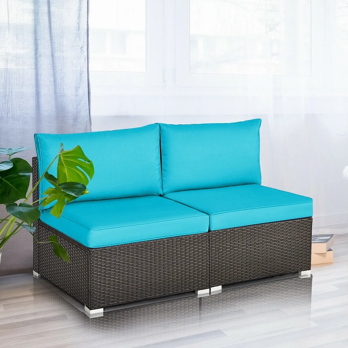 2pc Wicker Rattan Patio Armless Sofa with Cushion - Blue