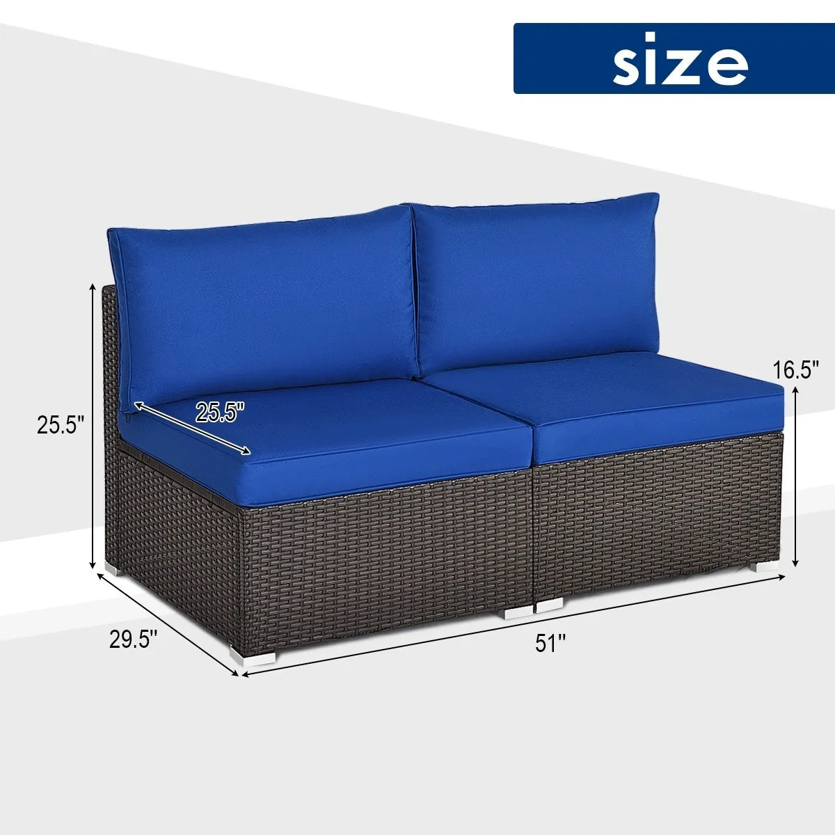 2pc Wicker Rattan Patio Armless Sofa with Cushion - Navy