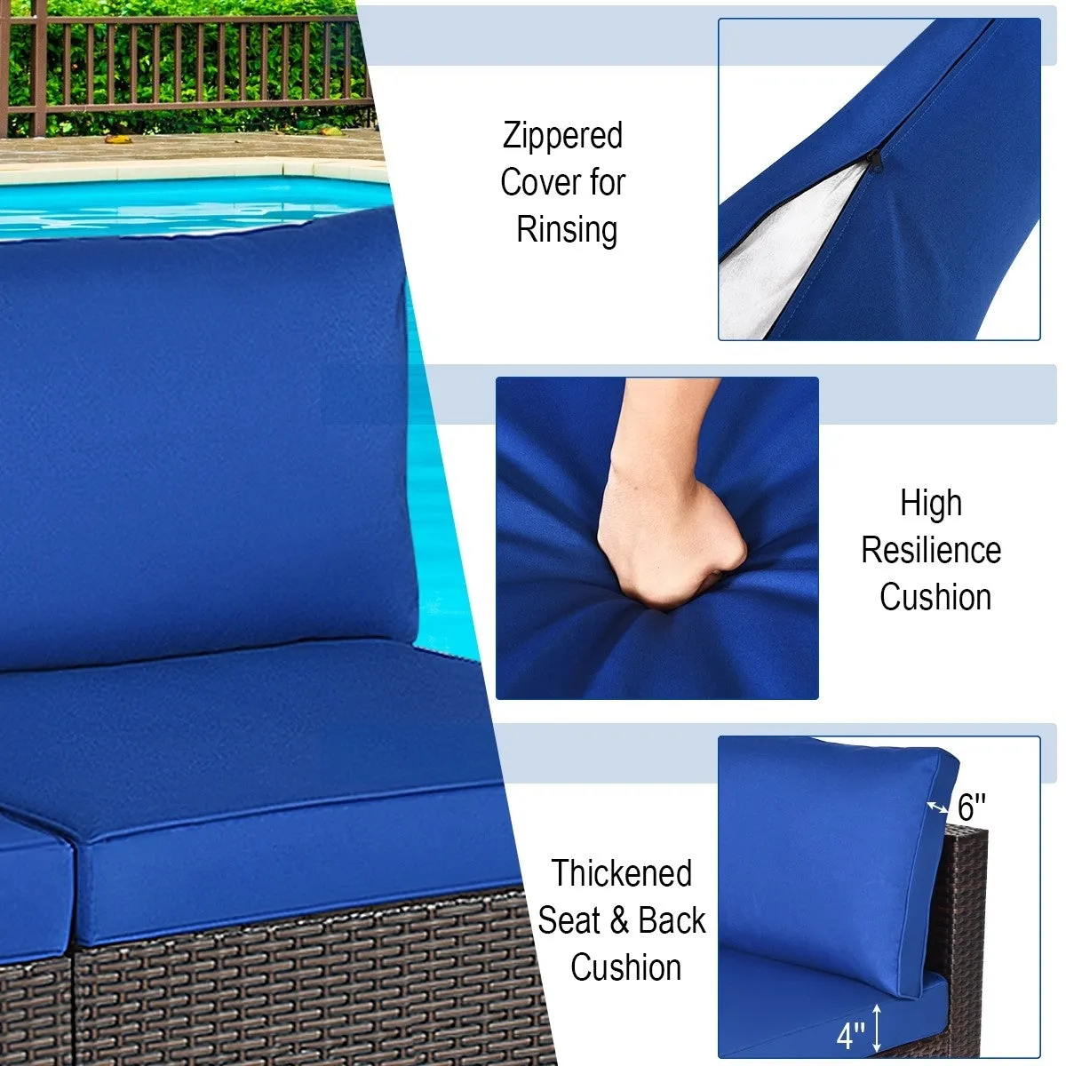 2pc Wicker Rattan Patio Armless Sofa with Cushion - Navy