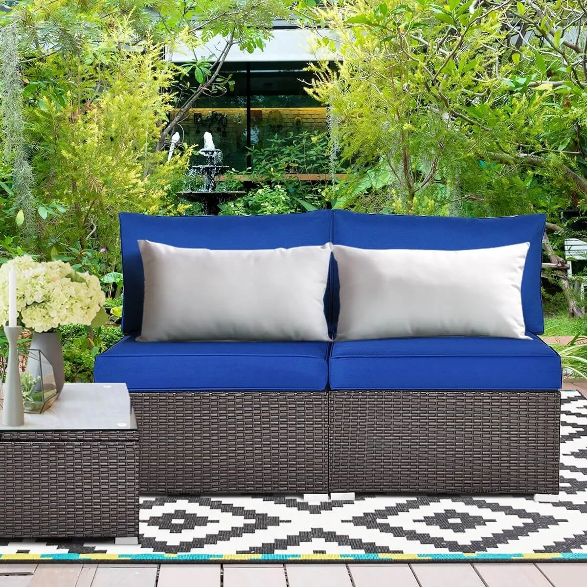 2pc Wicker Rattan Patio Armless Sofa with Cushion - Navy