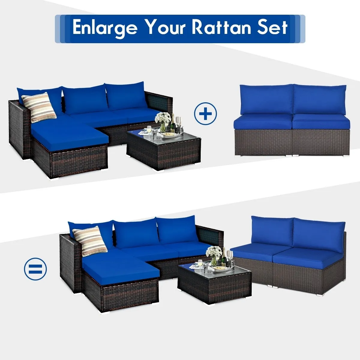 2pc Wicker Rattan Patio Armless Sofa with Cushion - Navy