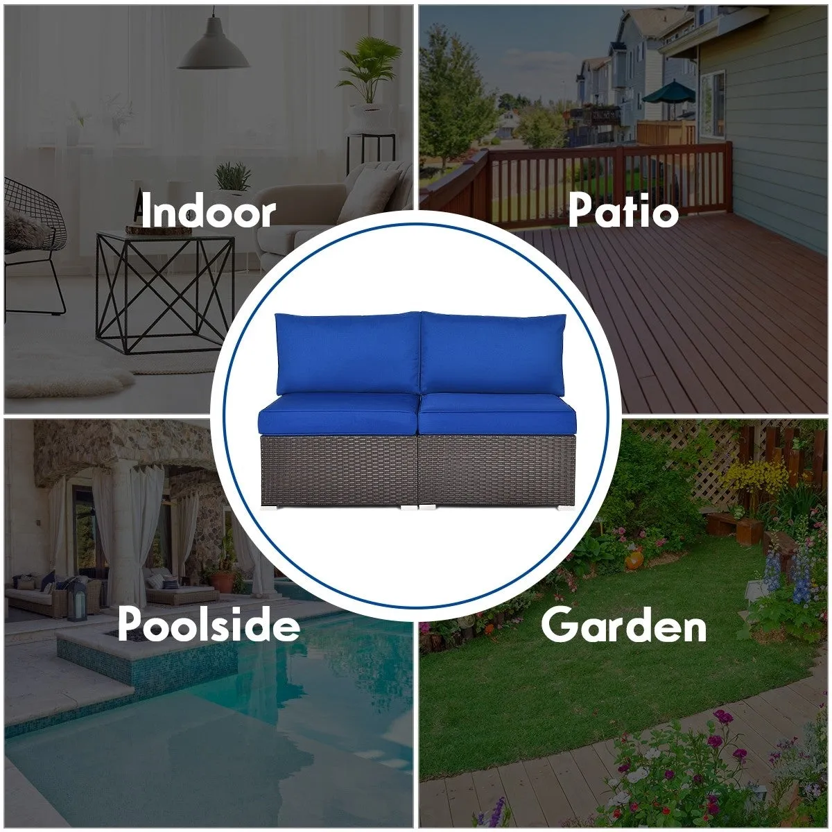 2pc Wicker Rattan Patio Armless Sofa with Cushion - Navy