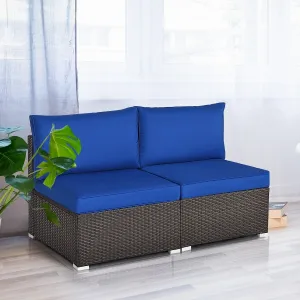 2pc Wicker Rattan Patio Armless Sofa with Cushion - Navy