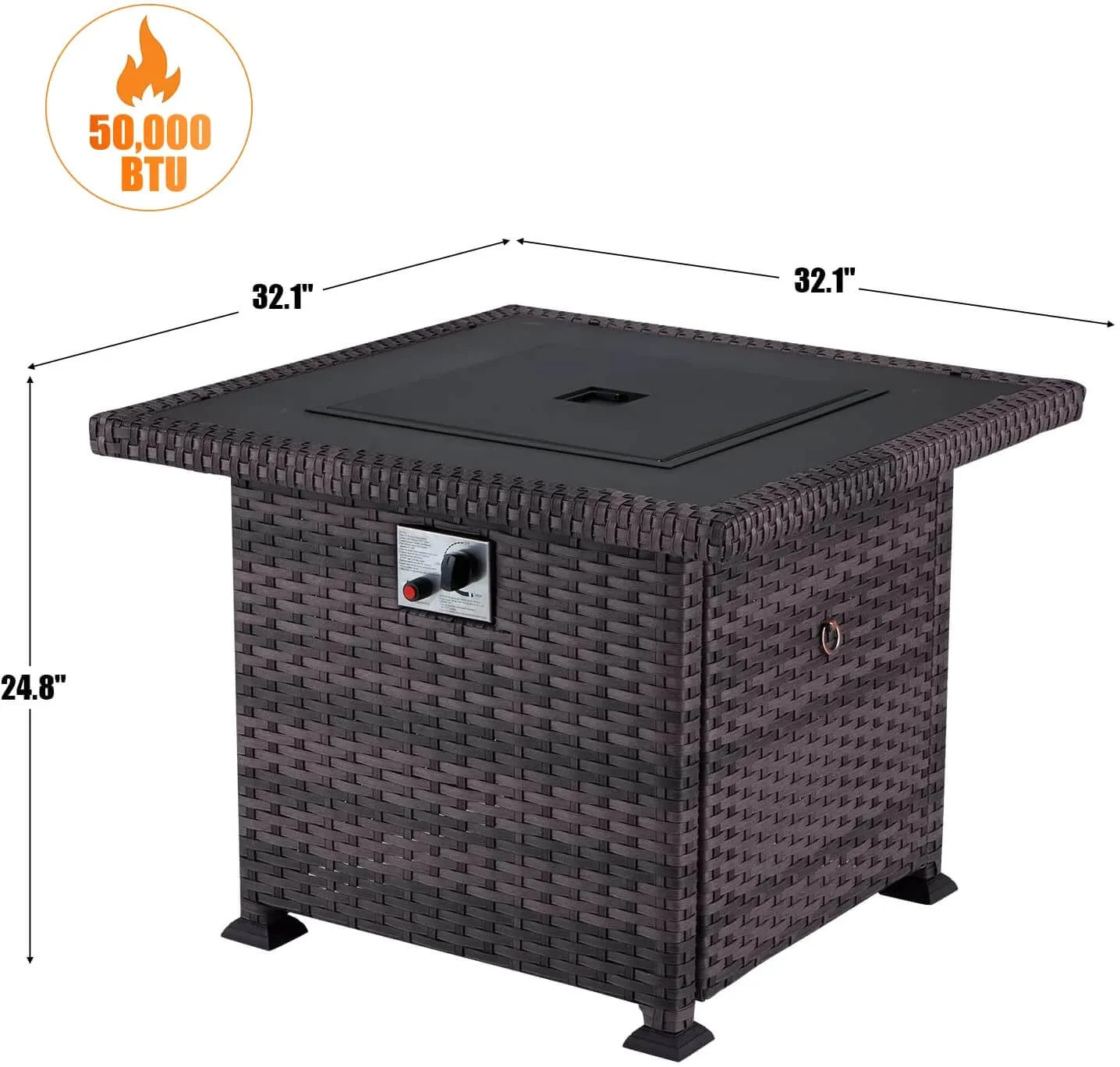 32'' Propane Fire Pit Table, 50000 BTU Square Gas Fire Pit w/Glass Rocks, Brown