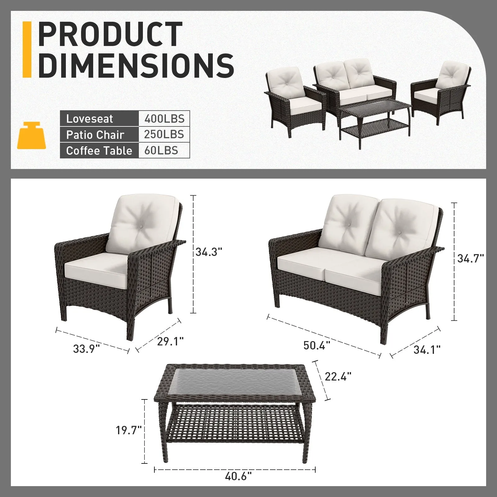 4 PCS Patio Furniture Set,Wicker Couch and Chairs Set w/ Coffee Table, Beige/Blue