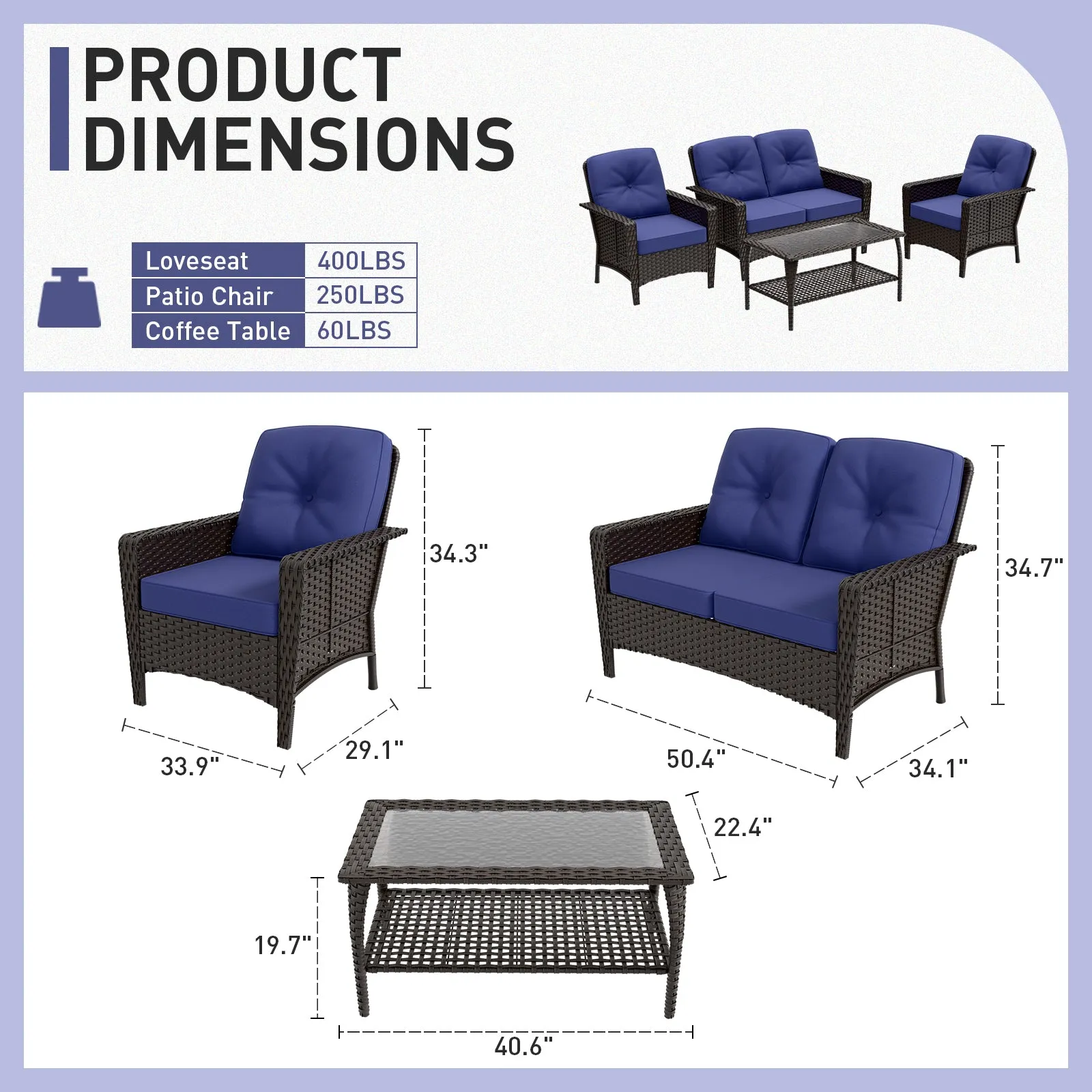 4 PCS Patio Furniture Set,Wicker Couch and Chairs Set w/ Coffee Table, Beige/Blue