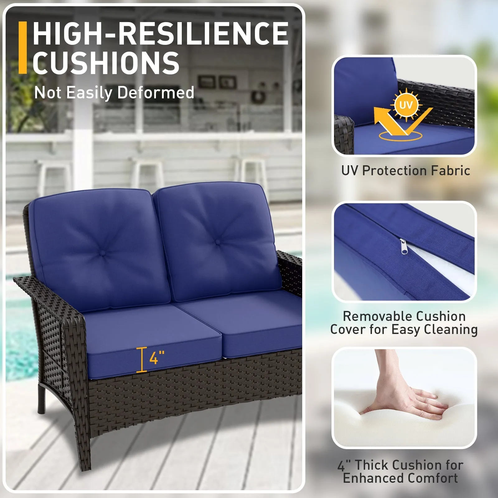 4 PCS Patio Furniture Set,Wicker Couch and Chairs Set w/ Coffee Table, Beige/Blue