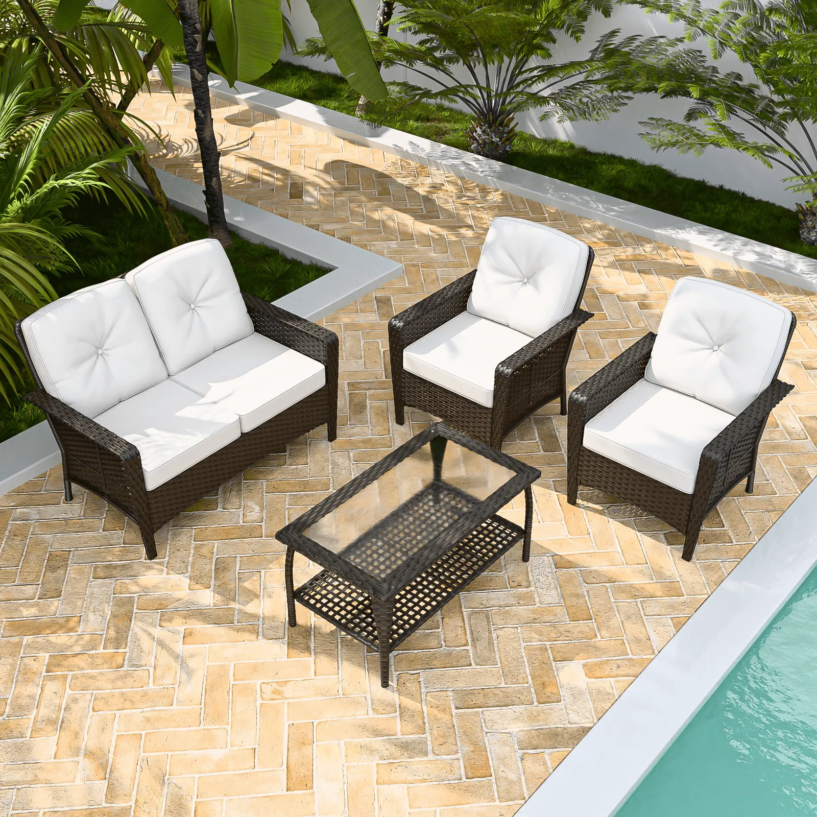 4 PCS Patio Furniture Set,Wicker Couch and Chairs Set w/ Coffee Table, Beige/Blue