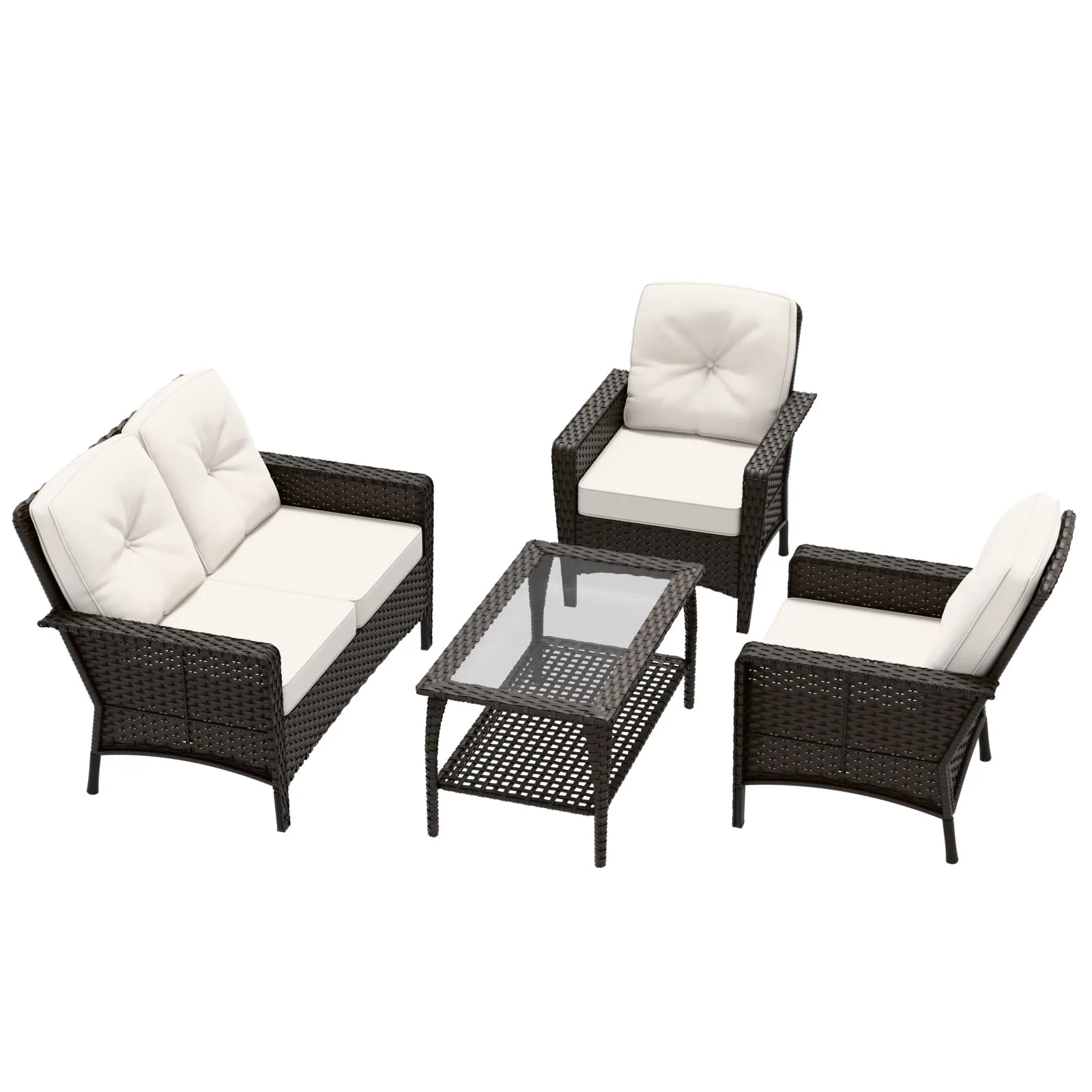 4 PCS Patio Furniture Set,Wicker Couch and Chairs Set w/ Coffee Table, Beige/Blue