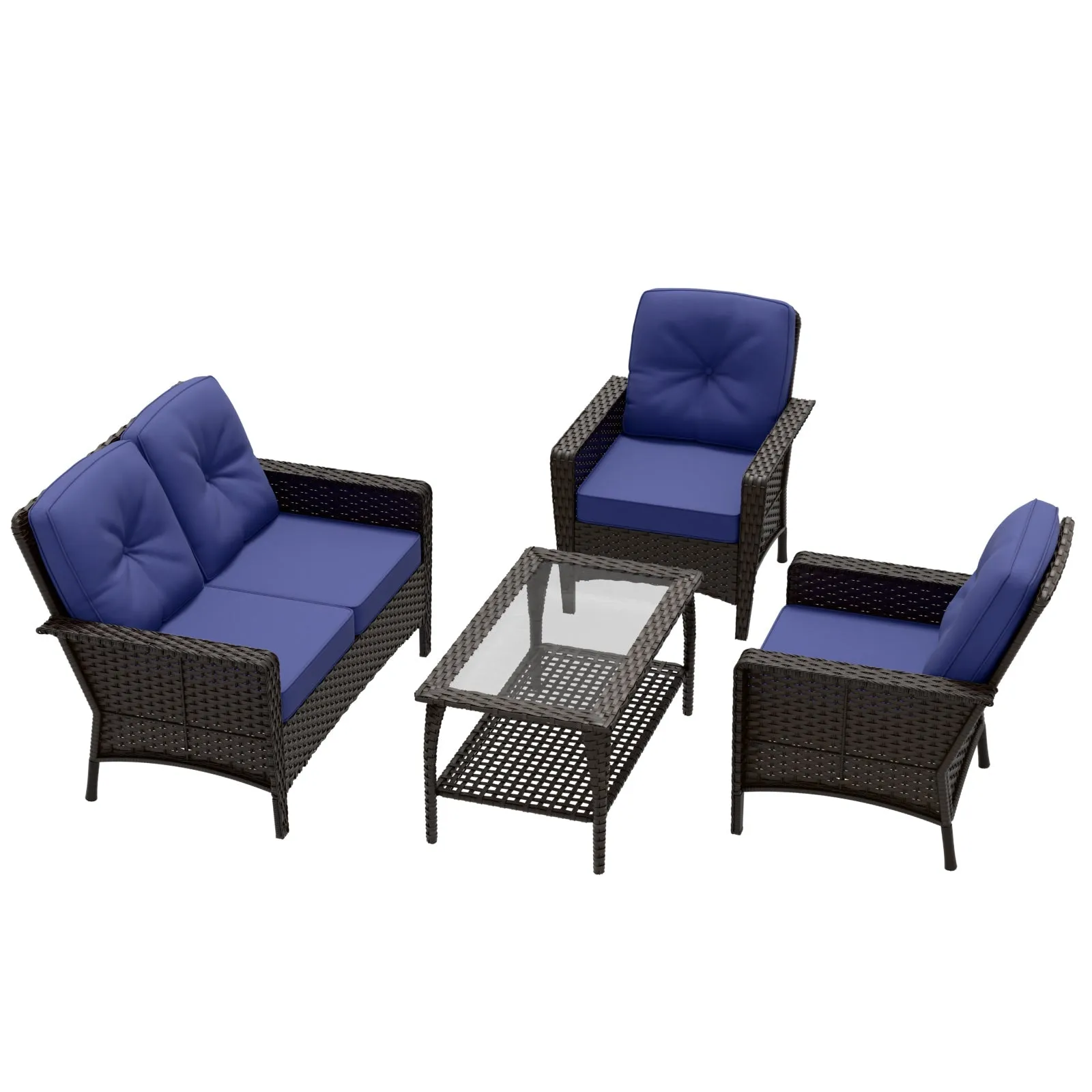 4 PCS Patio Furniture Set,Wicker Couch and Chairs Set w/ Coffee Table, Beige/Blue