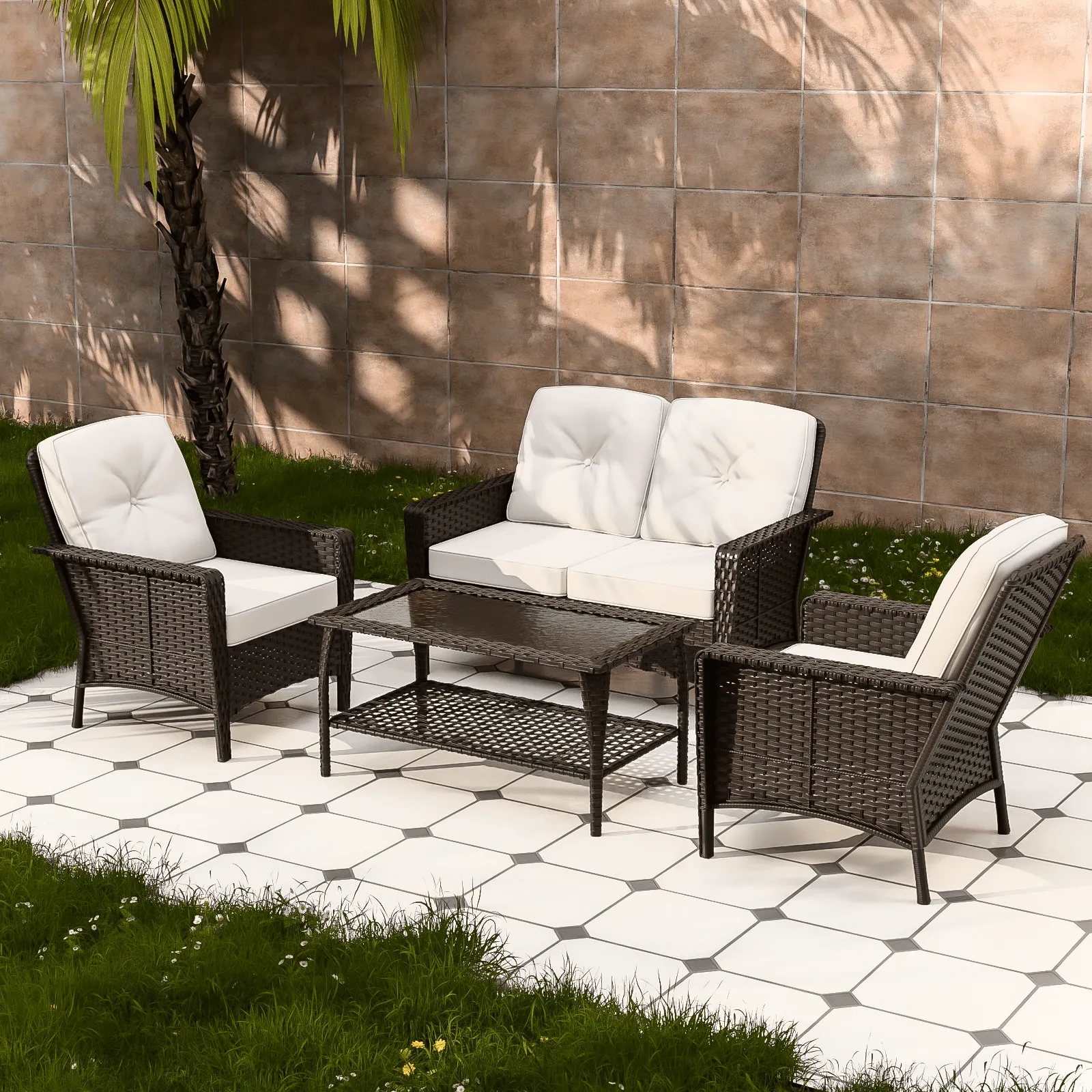 4 PCS Patio Furniture Set,Wicker Couch and Chairs Set w/ Coffee Table, Beige/Blue