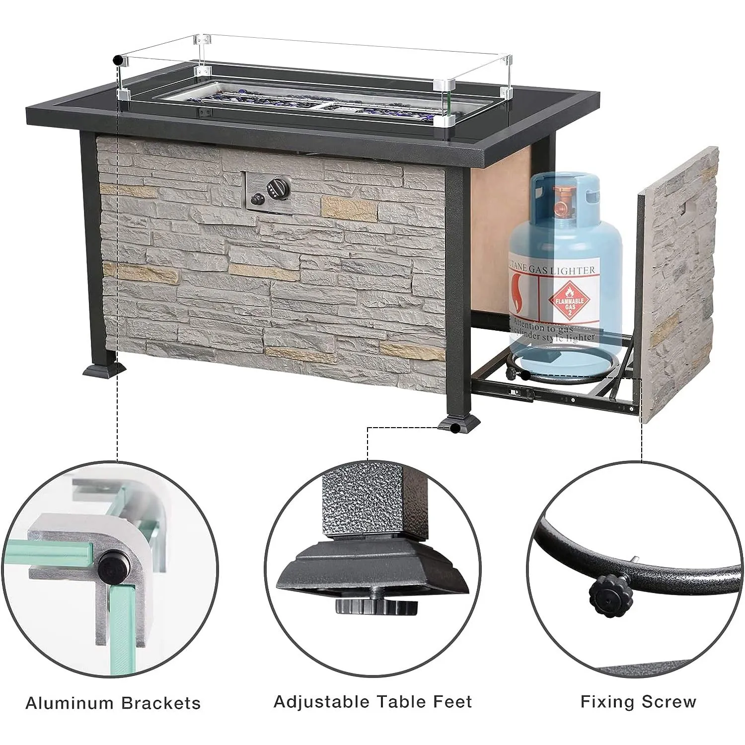 44 Inch Propane Fire Pit Table with Wind Guard and Waterproof Cover for Patio, Gray