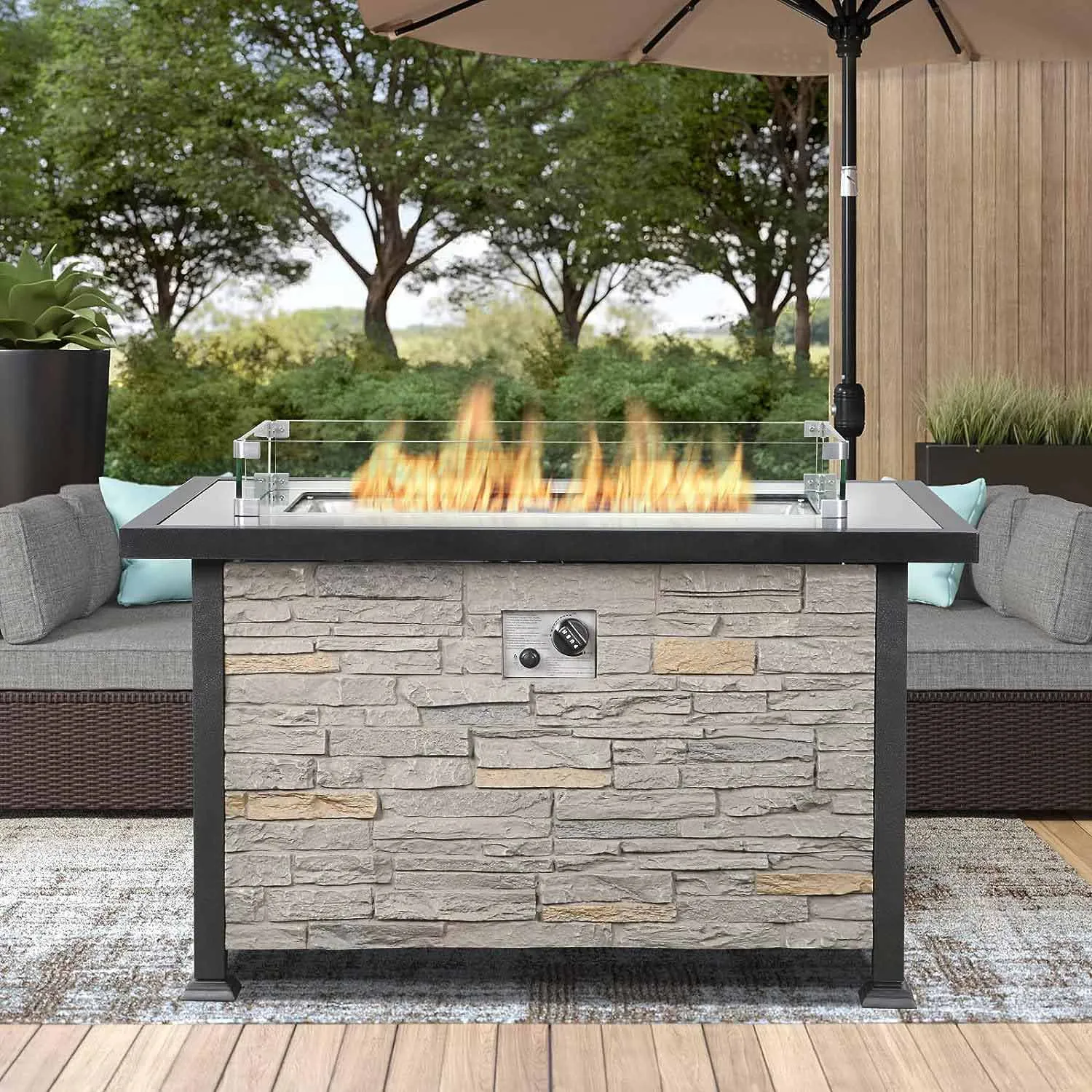 44 Inch Propane Fire Pit Table with Wind Guard and Waterproof Cover for Patio, Gray
