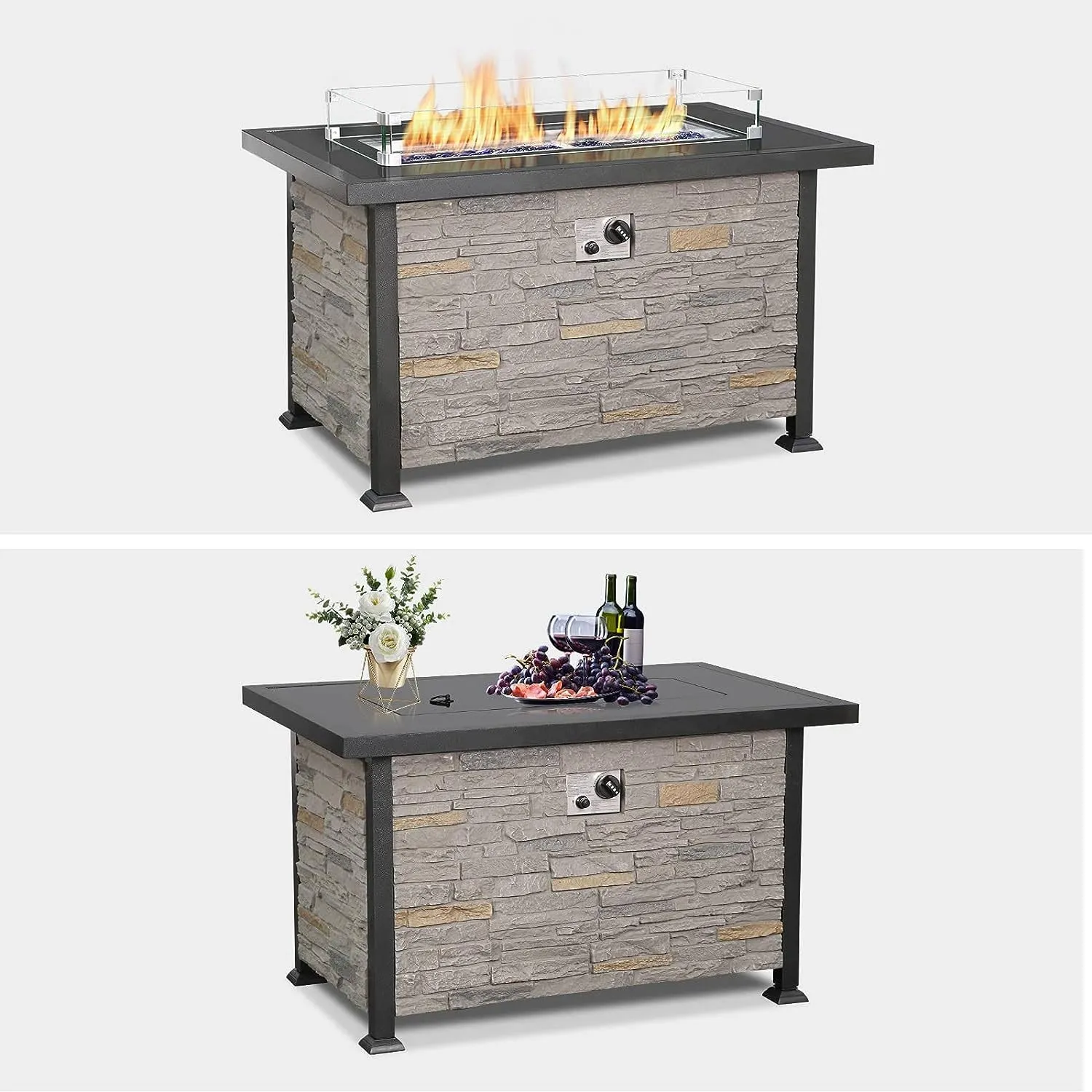 44 Inch Propane Fire Pit Table with Wind Guard and Waterproof Cover for Patio, Gray
