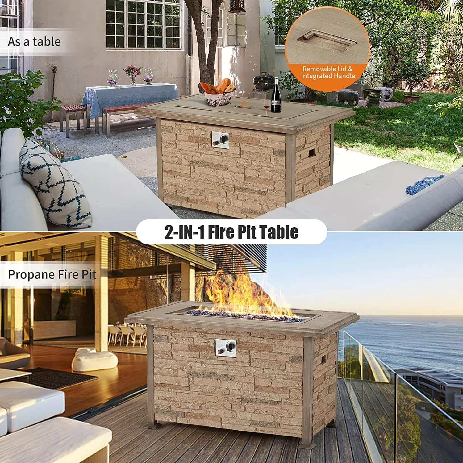 44'' Propane Gas Fire Pit Table w/ Wind guard, Aluminum Tabletop, Brown Faux Stone
