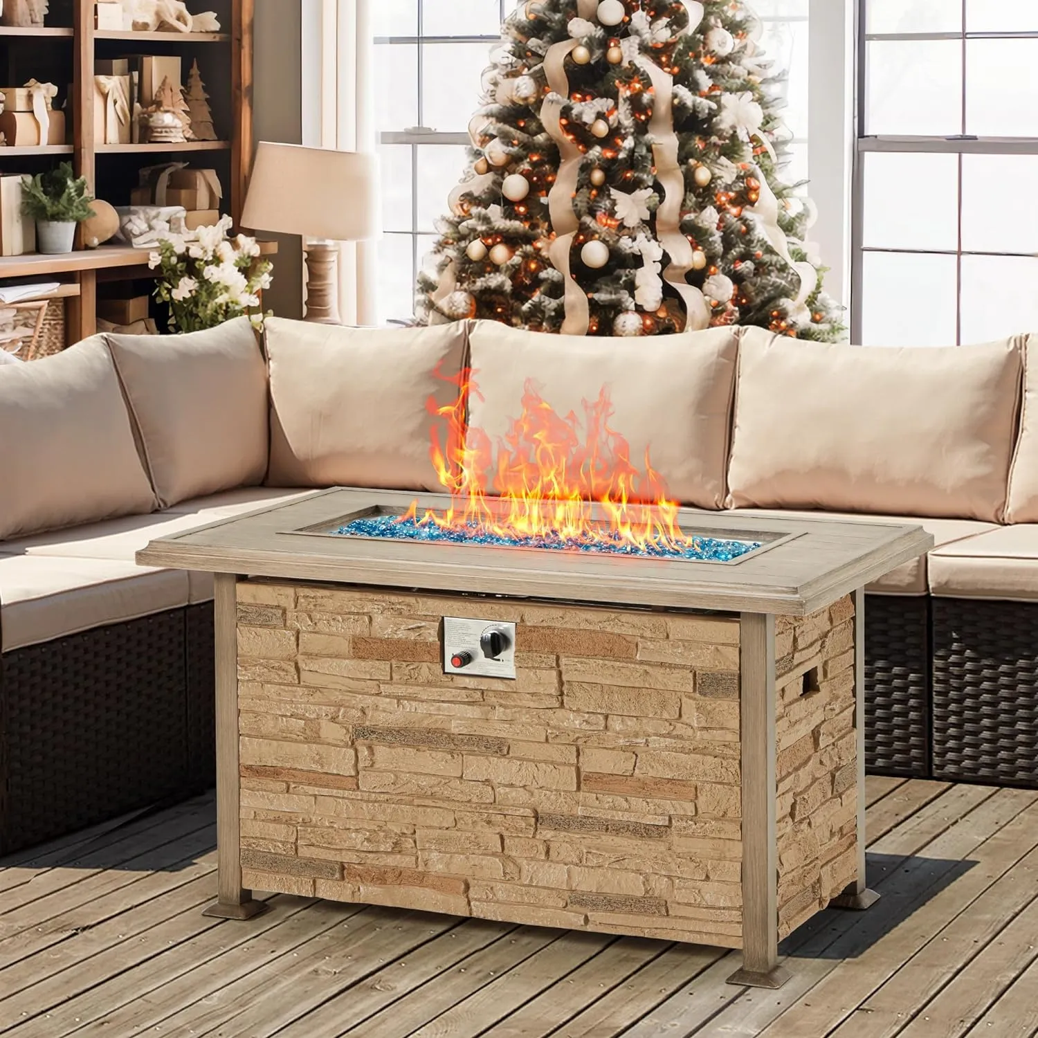 44'' Propane Gas Fire Pit Table w/ Wind guard, Aluminum Tabletop, Brown Faux Stone