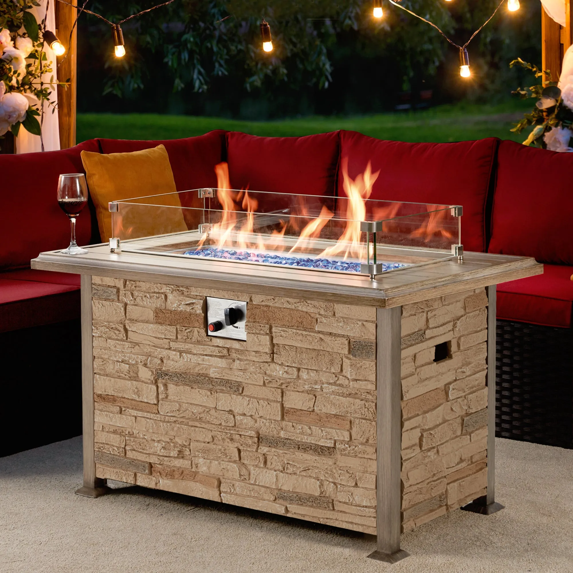 44'' Propane Gas Fire Pit Table w/ Wind guard, Aluminum Tabletop, Brown Faux Stone