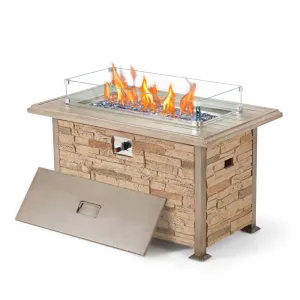 44'' Propane Gas Fire Pit Table w/ Wind guard, Aluminum Tabletop, Brown Faux Stone