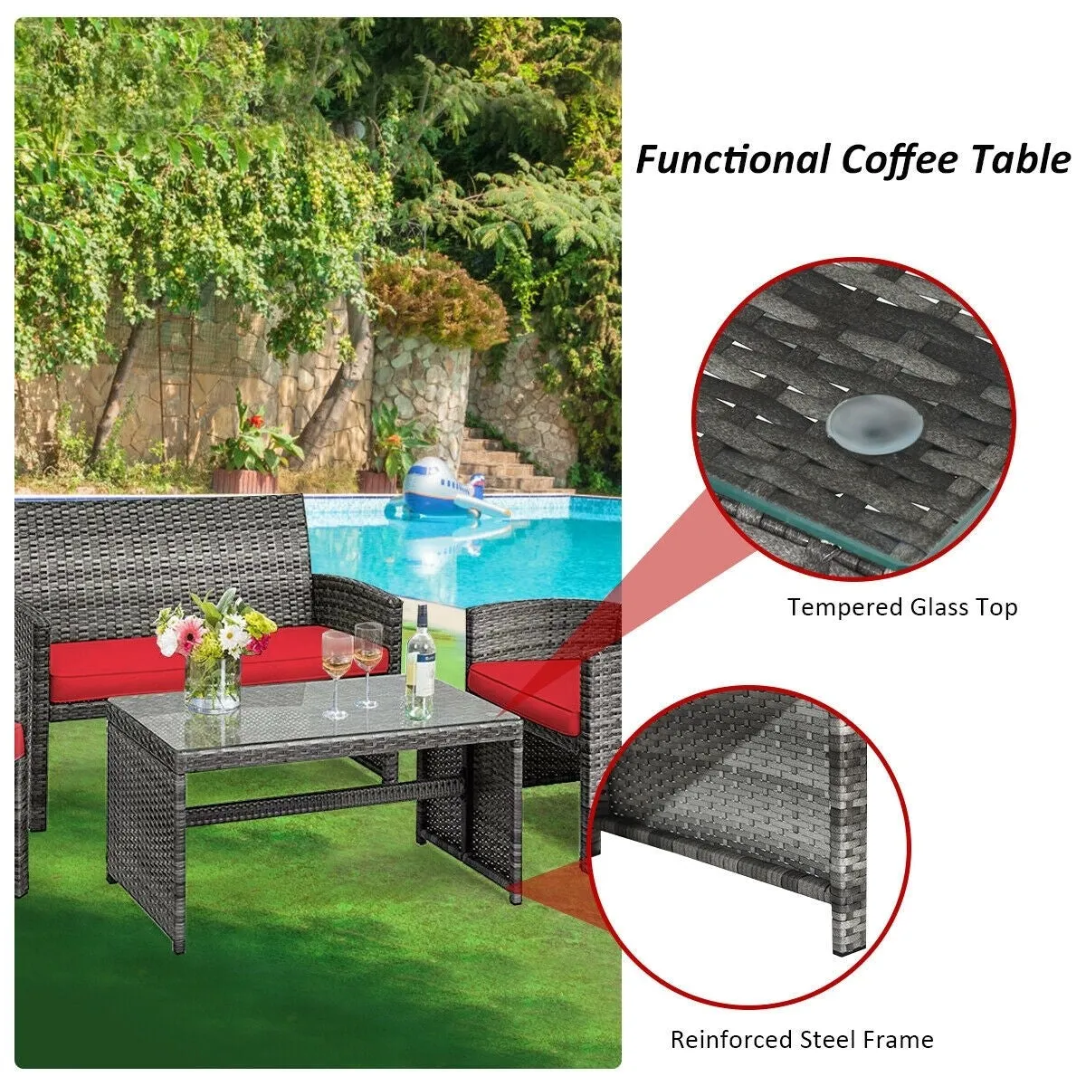 4pc Patio Rattan Furniture Set - Red