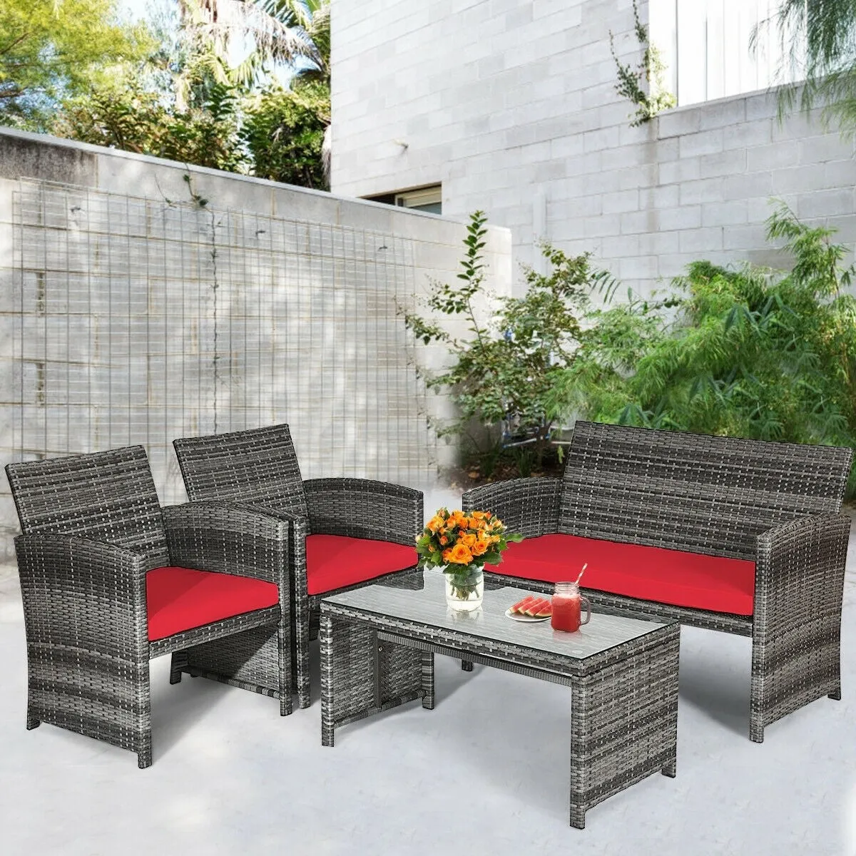 4pc Patio Rattan Furniture Set - Red