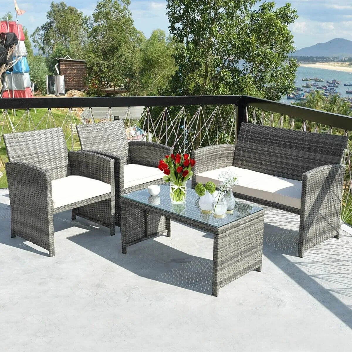 4pc Patio Rattan Furniture Set - White