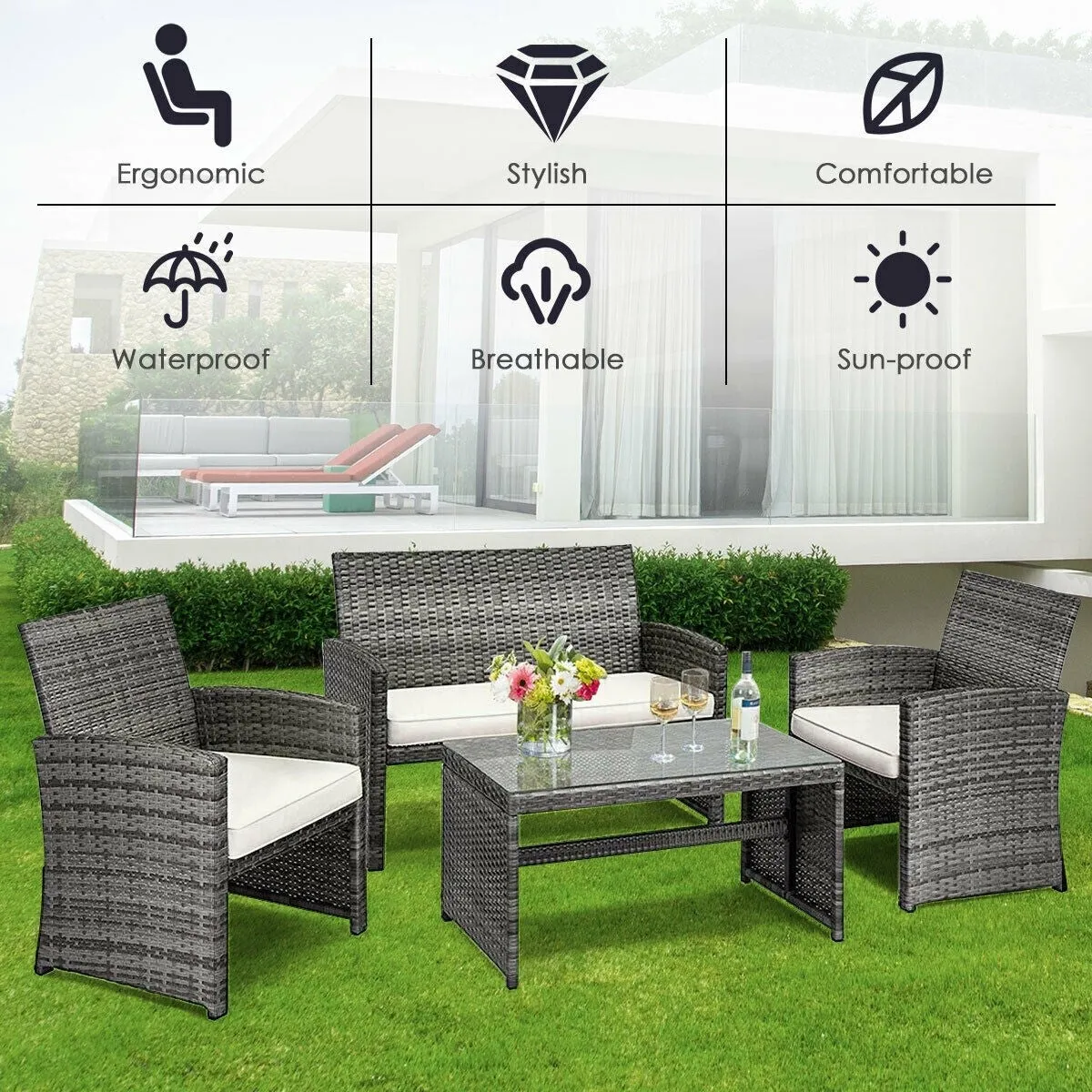 4pc Patio Rattan Furniture Set - White