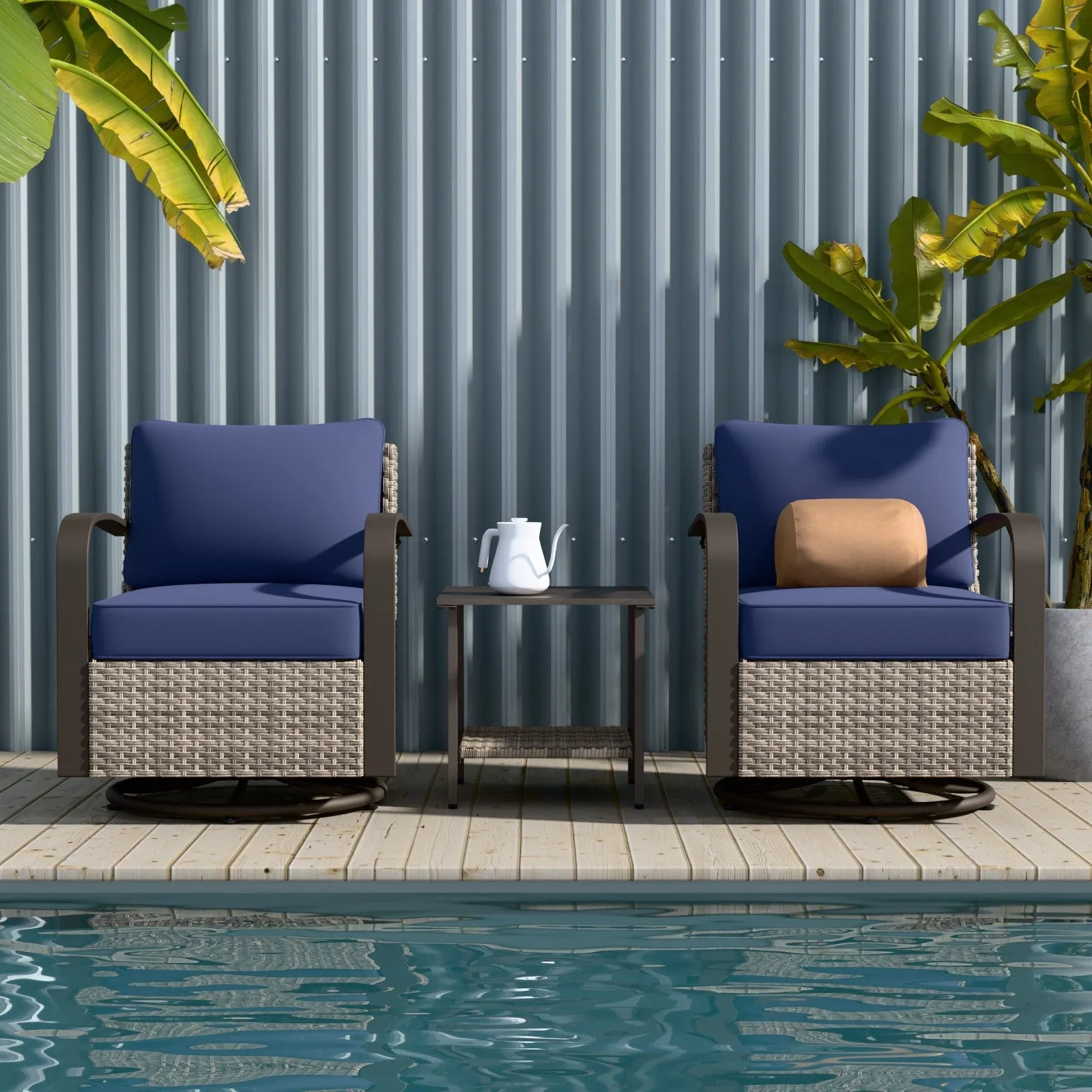 Coastal Vista 3 Piece Patio Bistro Set with 1 Side Table and 2 Swivel Rocking Chairs