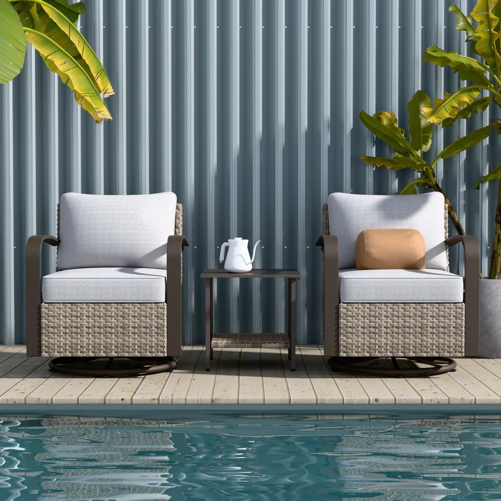 Coastal Vista 3 Piece Patio Bistro Set with 1 Side Table and 2 Swivel Rocking Chairs