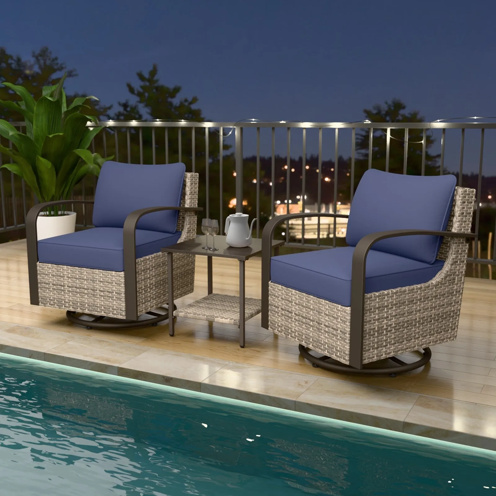 Coastal Vista 3 Piece Patio Bistro Set with 1 Side Table and 2 Swivel Rocking Chairs