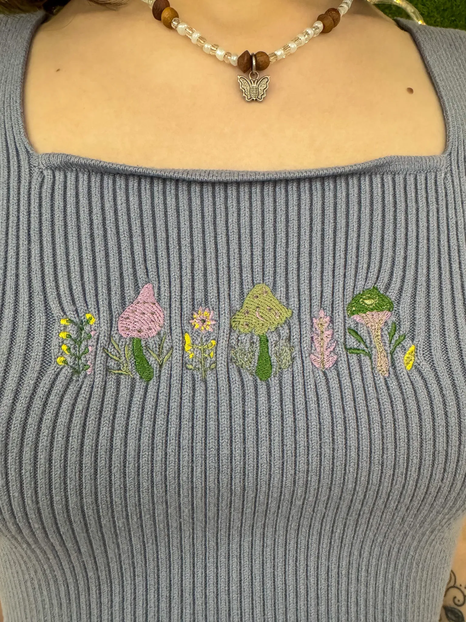 Flowers & Mushrooms Blue Ribbed Cropped Tank M