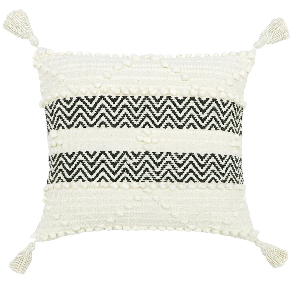 Handmade Tufted Boho Cushion with Tassels  Black and White Zigzag Design