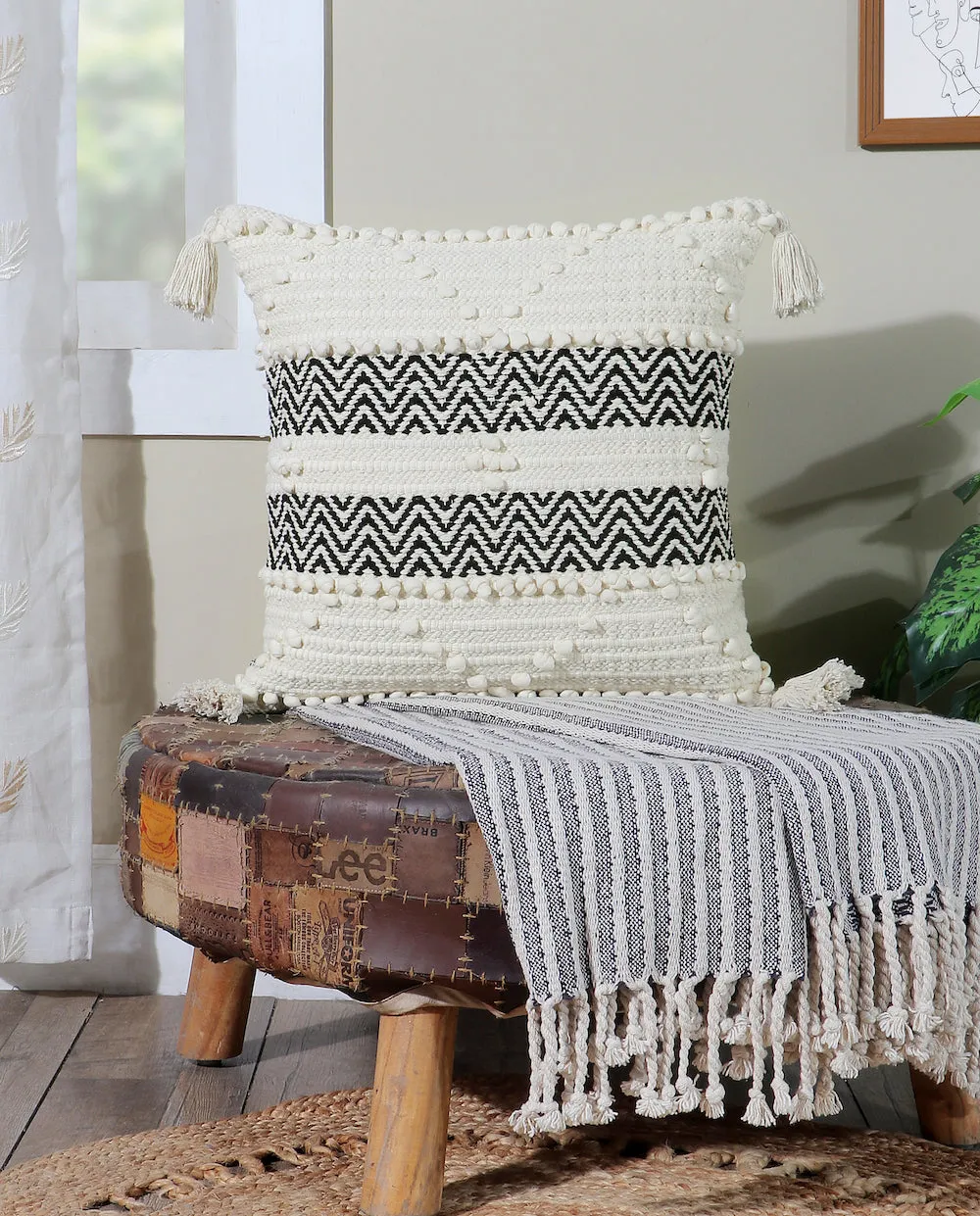 Handmade Tufted Boho Cushion with Tassels  Black and White Zigzag Design