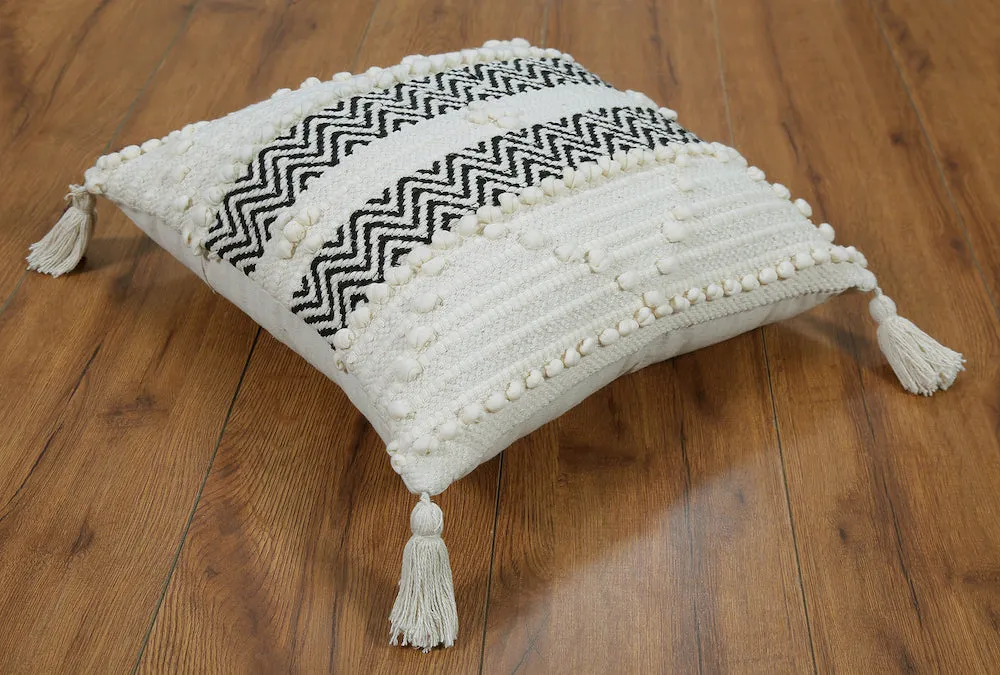 Handmade Tufted Boho Cushion with Tassels  Black and White Zigzag Design