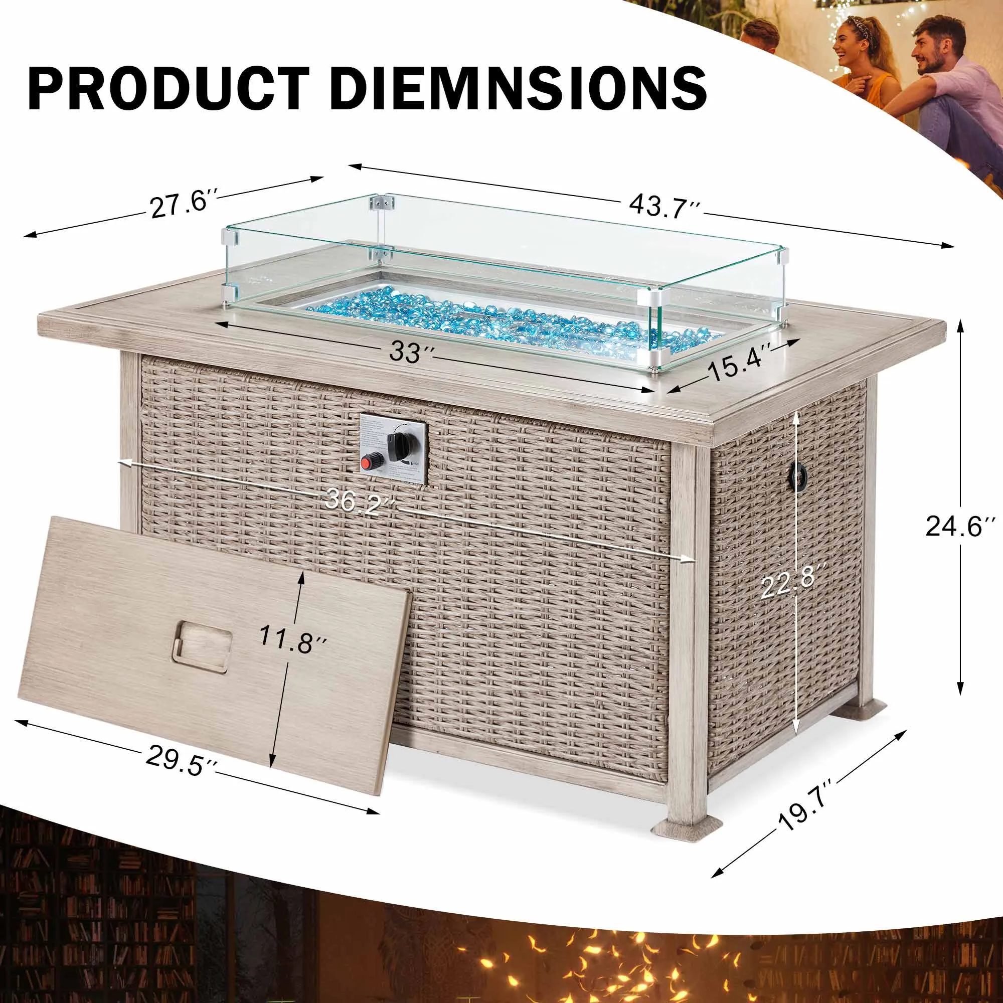 Homrest 44 in Auto-Ignition Propane Fire Pit with Aluminum Table Top and Glass Wind Guard, Gray