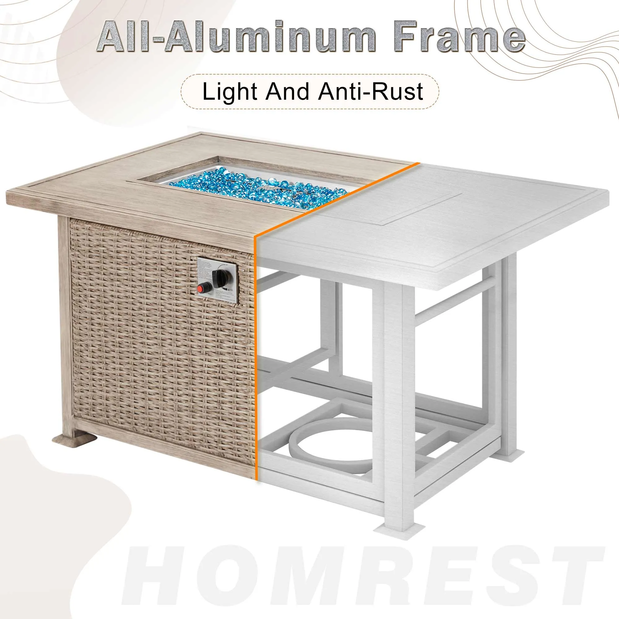 Homrest 44 in Auto-Ignition Propane Fire Pit with Aluminum Table Top and Glass Wind Guard, Gray