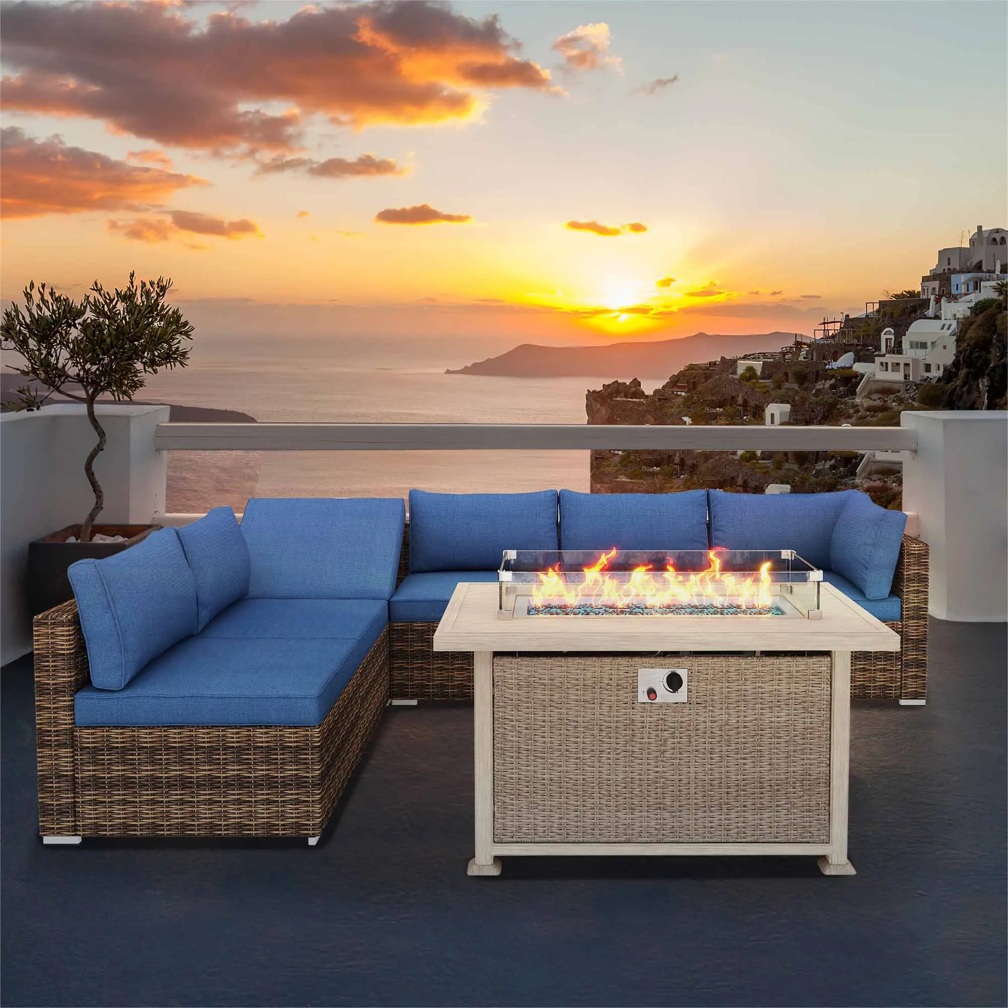 Homrest 44 in Auto-Ignition Propane Fire Pit with Aluminum Table Top and Glass Wind Guard, Gray