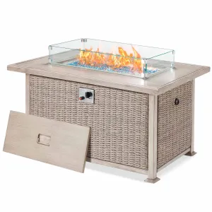 Homrest 44 in Auto-Ignition Propane Fire Pit with Aluminum Table Top and Glass Wind Guard, Gray