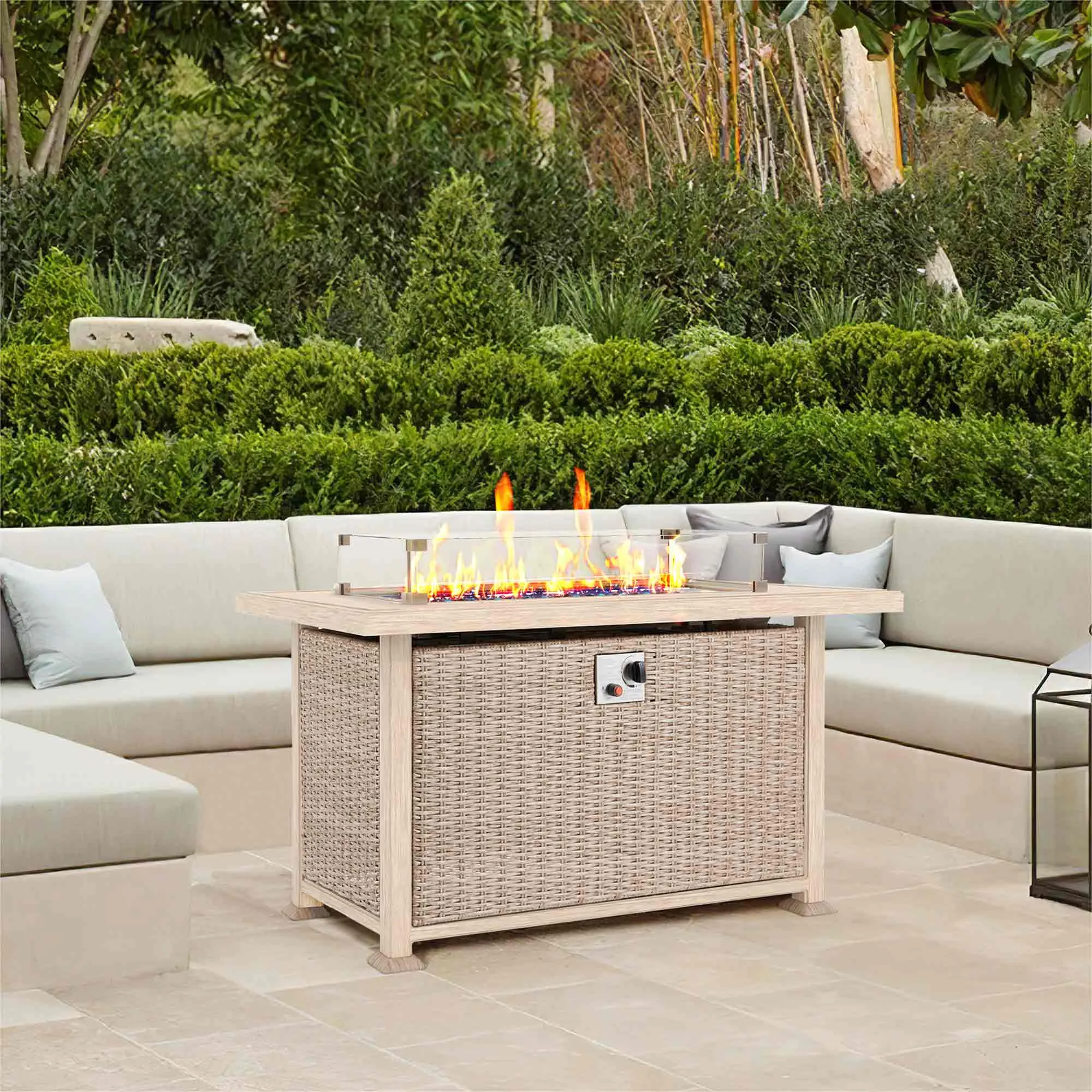 Homrest 44 in Auto-Ignition Propane Fire Pit with Aluminum Table Top and Glass Wind Guard, Gray