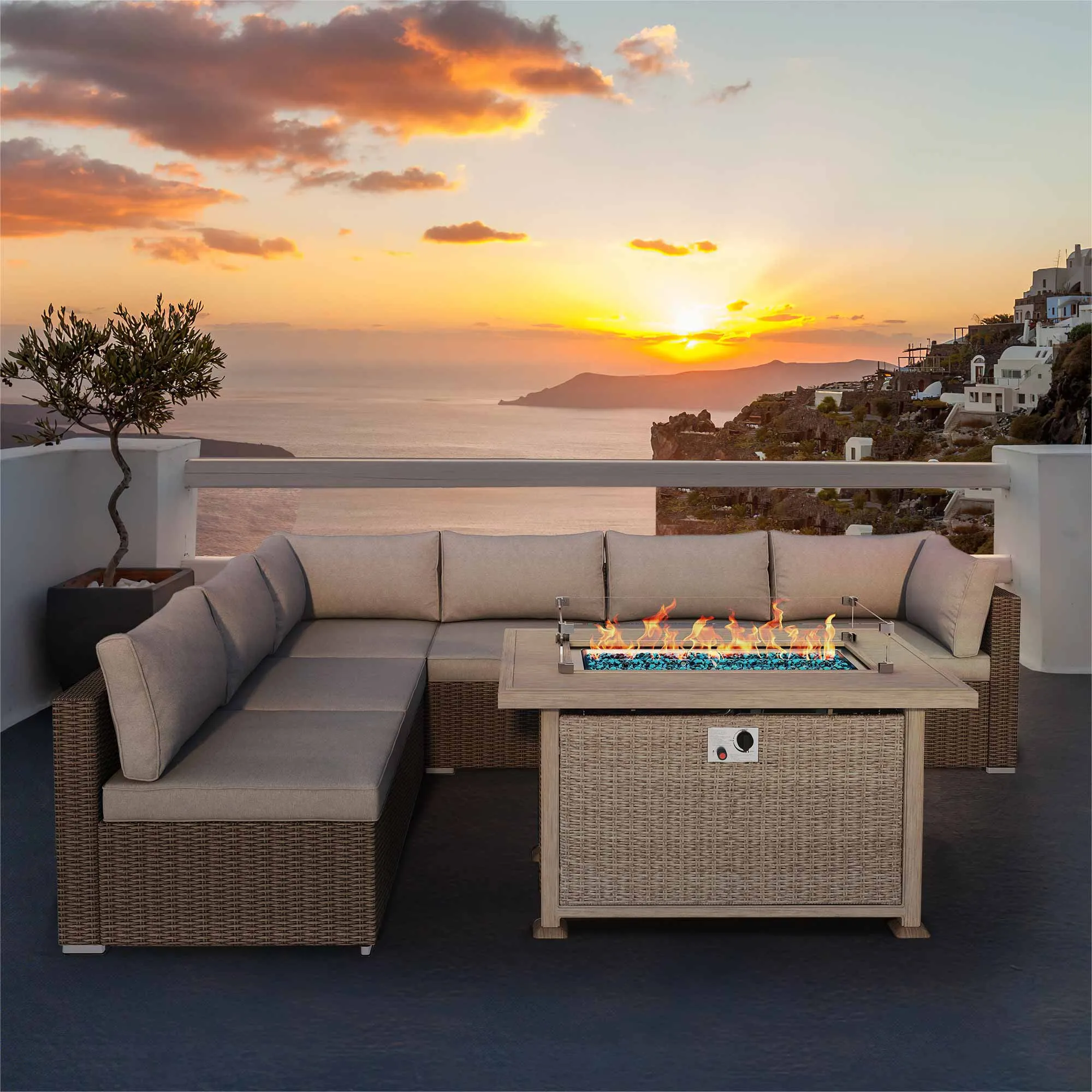 Homrest 44 in Auto-Ignition Propane Fire Pit with Aluminum Table Top and Glass Wind Guard, Gray