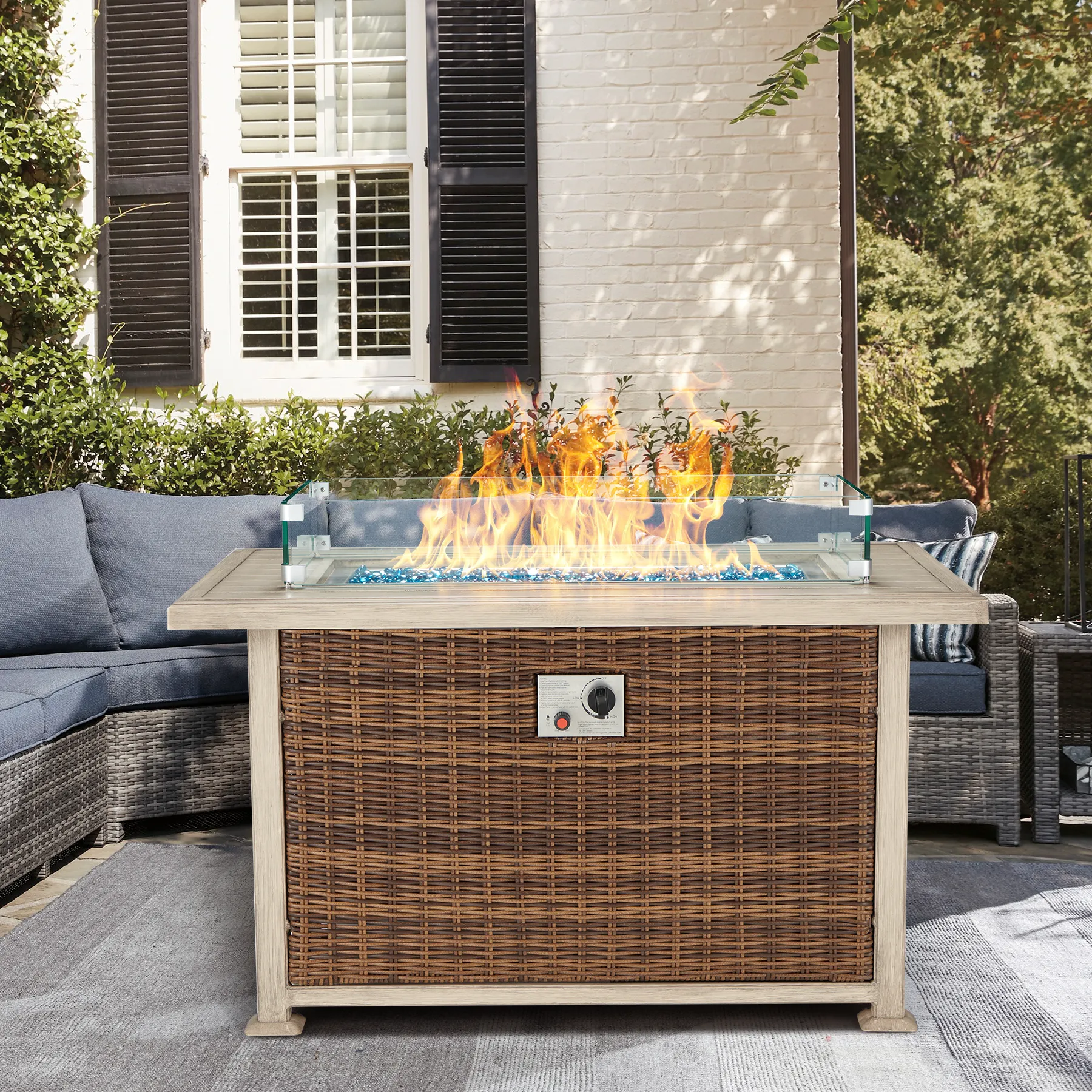 Homrest 44 in Propane Fire Pit with Aluminum Table Top and Glass Wind Guard, Brown
