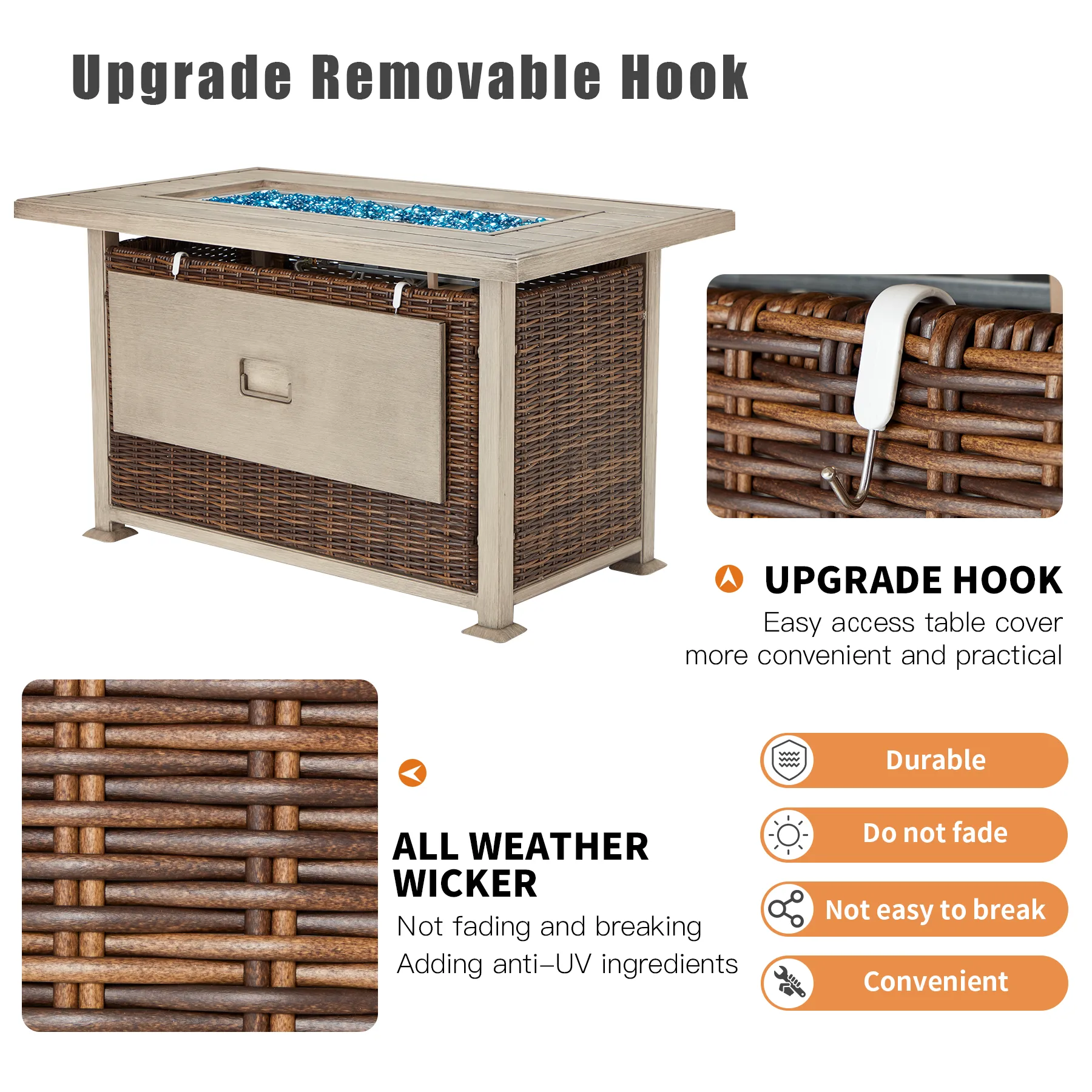 Homrest 44 in Propane Fire Pit with Aluminum Table Top and Glass Wind Guard, Brown