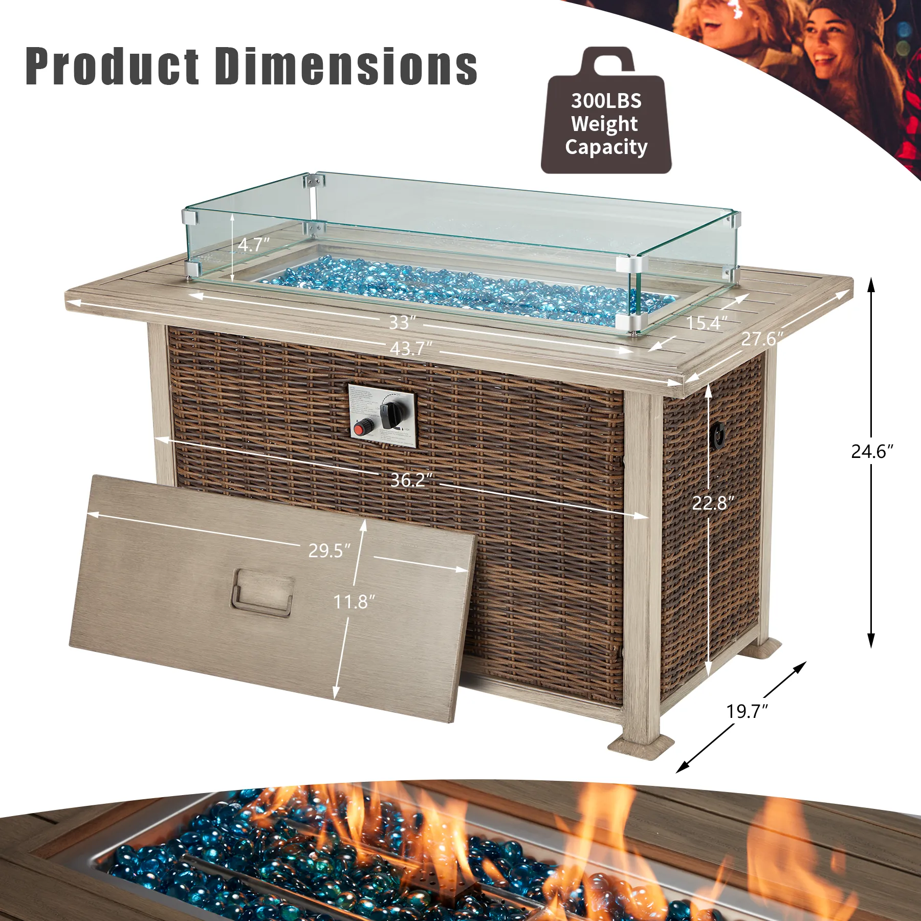 Homrest 44 in Propane Fire Pit with Aluminum Table Top and Glass Wind Guard, Brown