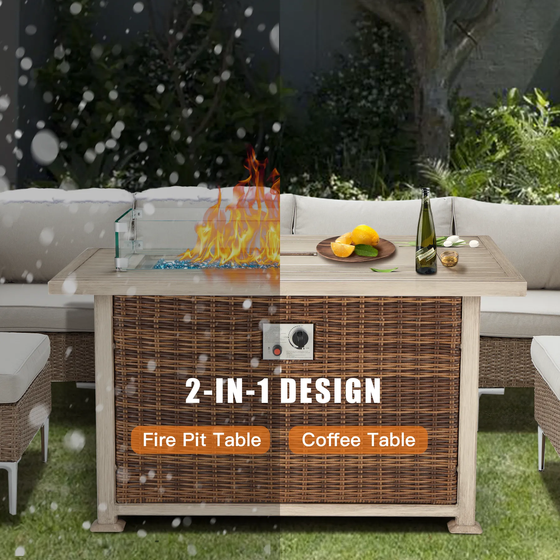 Homrest 44 in Propane Fire Pit with Aluminum Table Top and Glass Wind Guard, Brown