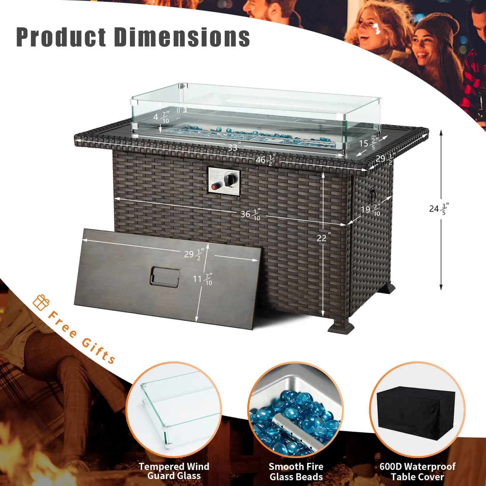 Homrest 44" Outdoor Propane Gas Fire Pit Table 50000 BTU Auto-Ignition w/ Windguard, Brown