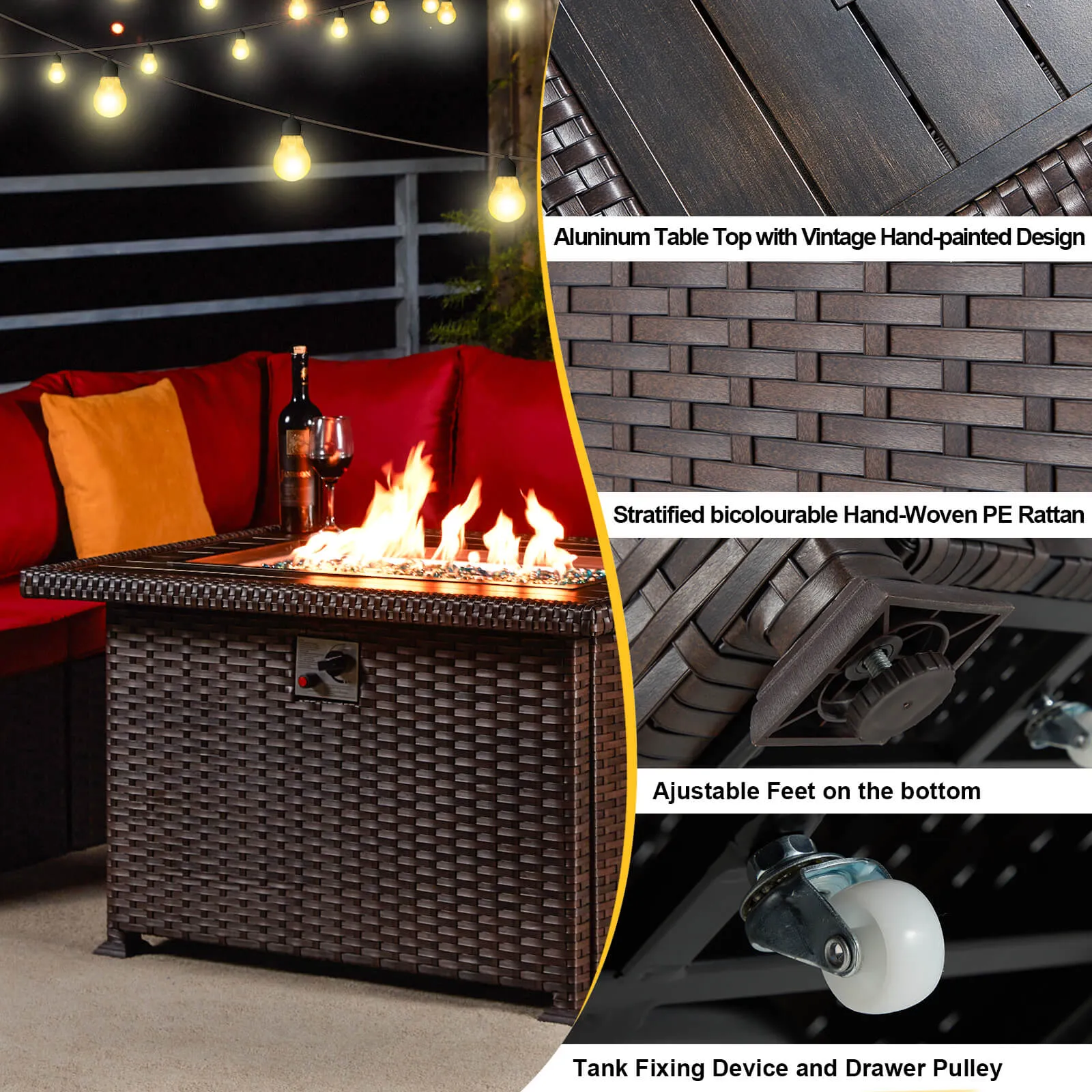 Homrest 44" Outdoor Propane Gas Fire Pit Table 50000 BTU Auto-Ignition w/ Windguard, Brown